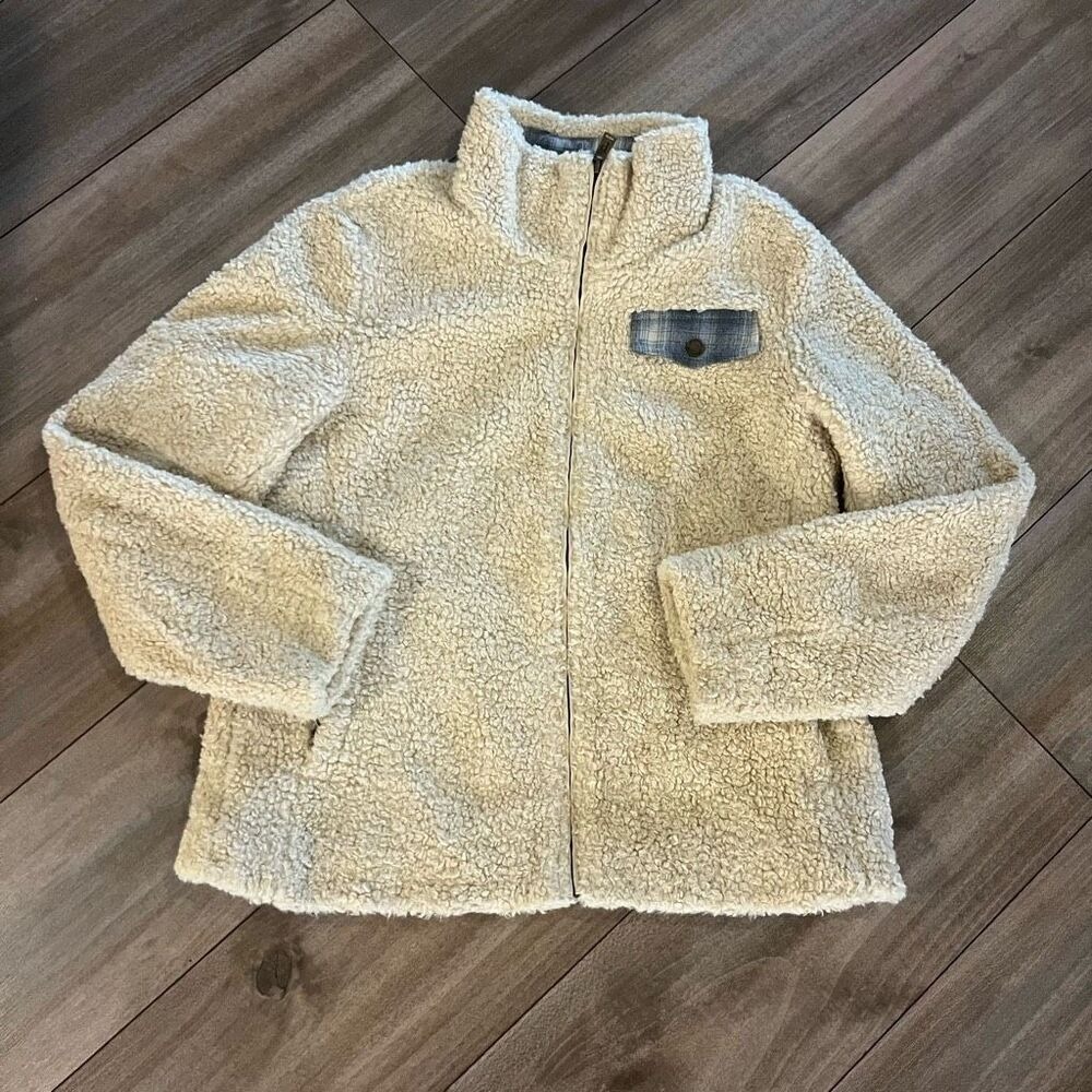 Pendleton Womens Small Cream Sherpa Fleece Full Zip Jacket Plaid Trim Pocket